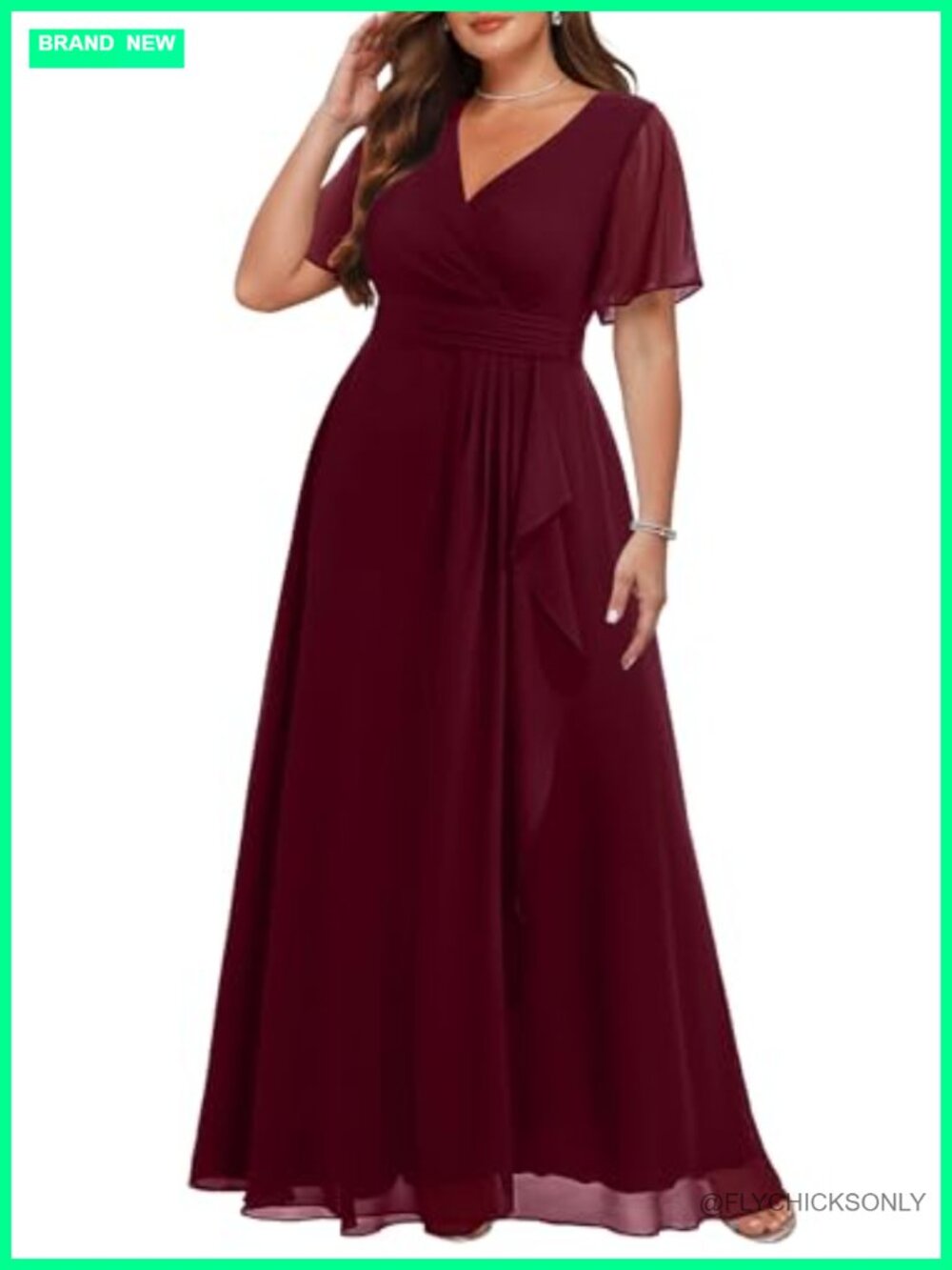 Plus Size Chiffon Formal Dress V Neck Ruffle Long Wedding Guest